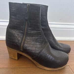 Lotta Emma Swedish Clog Boots Black Croc Print Leather Zip Women's 39 US 8.5